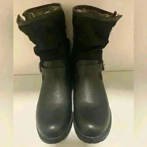 GLOBALWIN Ankle Moto Boots Sz 8 Womens Black Fur Lined Buckle Chunky Heel